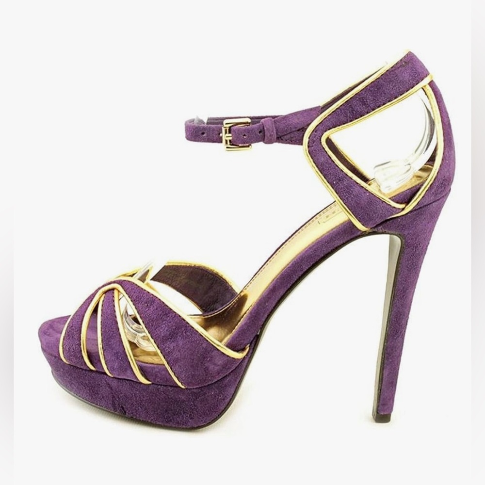 Coach Daylan Purple Suede Platform Heels with Gold Trim – Size 9